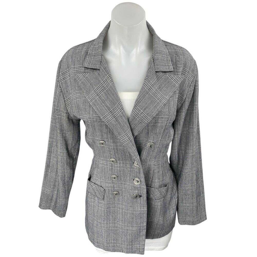 Paris Sport Club Women Gray Plaid Long Sleeve Double Breasted Blazer Jacket Sz S